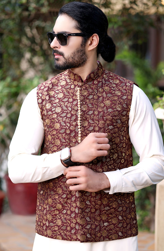 TGM The Royal Edit Jamawar Stitched Waistcoat - Heritage Maroon - TGM26ROY - Maroon - Men Festive Collection