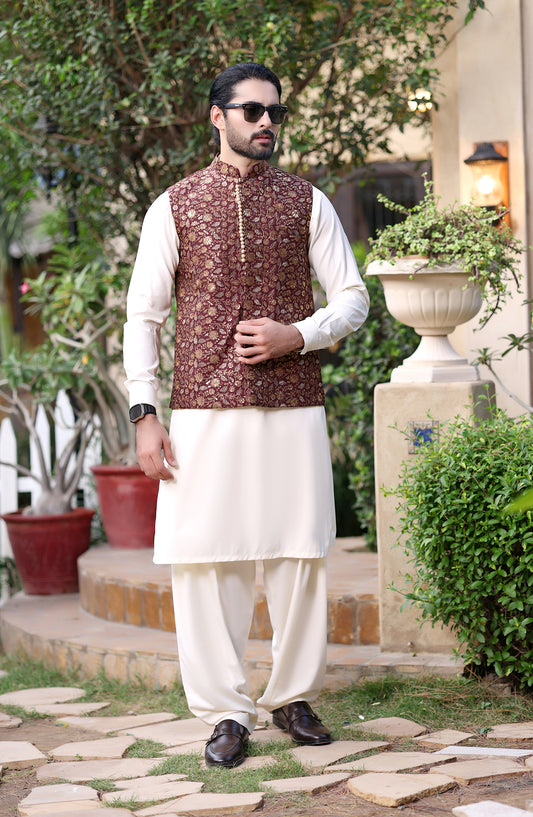 TGM The Royal Edit Jamawar Stitched Waistcoat - Heritage Maroon - TGM26ROY - Maroon - Men Festive Collection