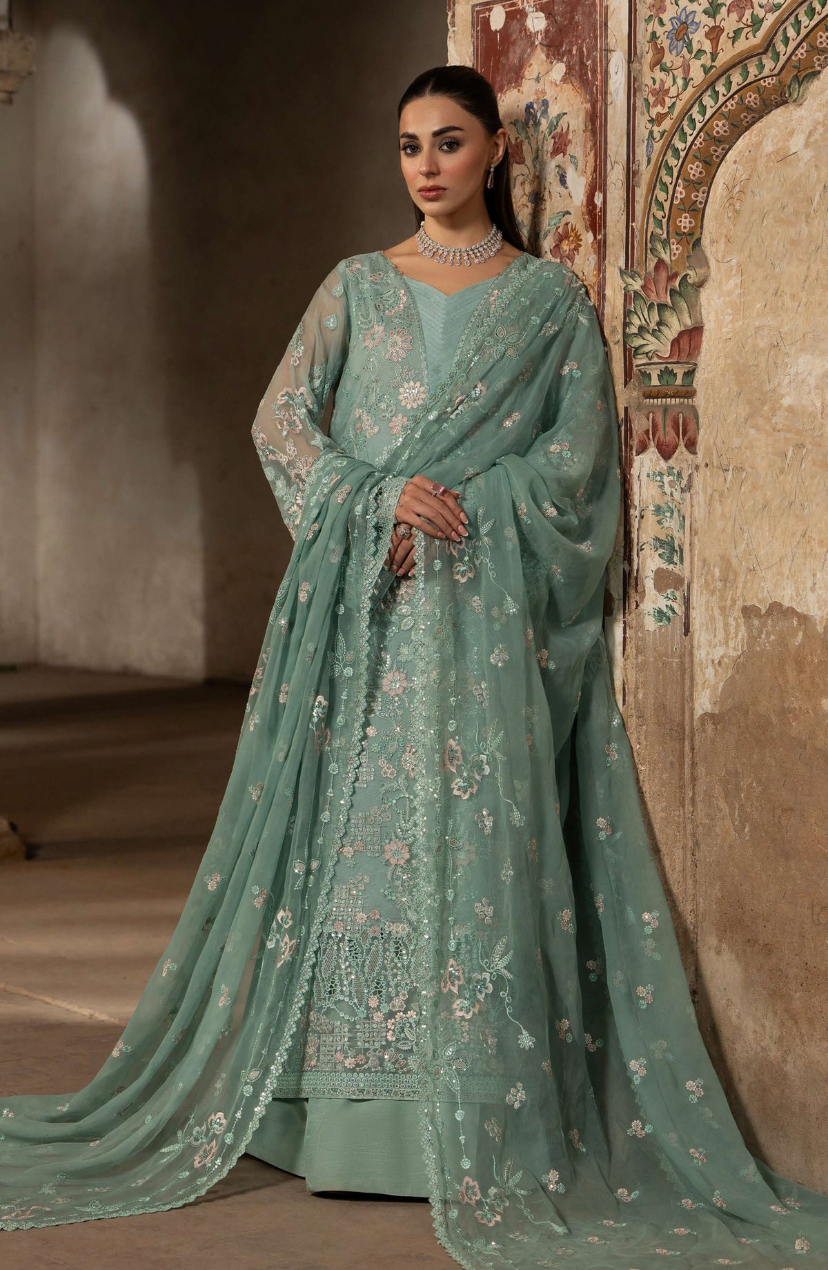 Humsafar by Lavish Premium Embroidered Chiffon Unstitched 3 Piece Suit - D-09 Light Aqua - LP26HMS - Luxury Collection