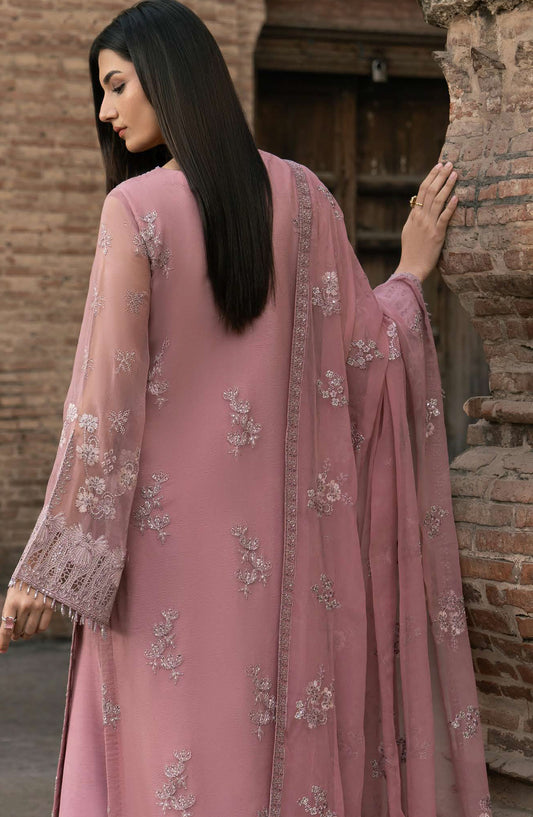 Humsafar by Lavish Premium Embroidered Chiffon Unstitched 3 Piece Suit - D-05 Floral Pink - LP26HMS - Luxury Collection