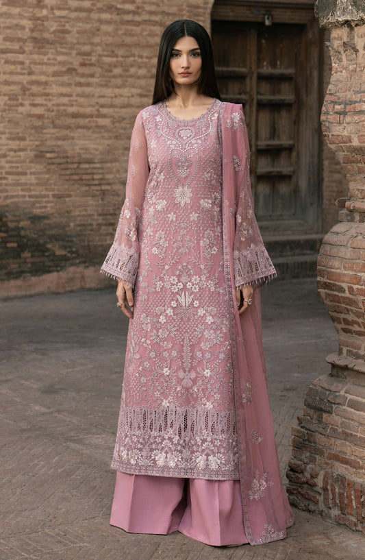 Humsafar by Lavish Premium Embroidered Chiffon Unstitched 3 Piece Suit - D-05 Floral Pink - LP26HMS - Luxury Collection