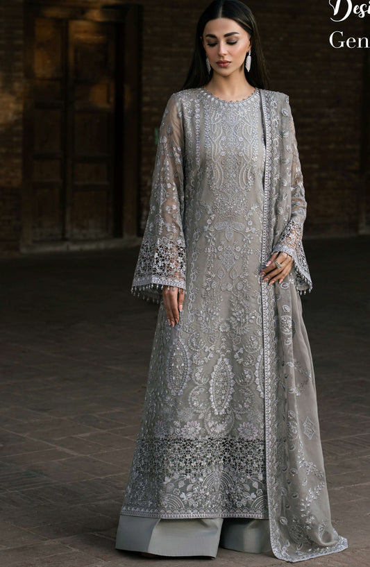 Humsafar by Lavish Premium Embroidered Chiffon Unstitched 3 Piece Suit - D-02 Gentle Gray - LP26HMS - Luxury Collection
