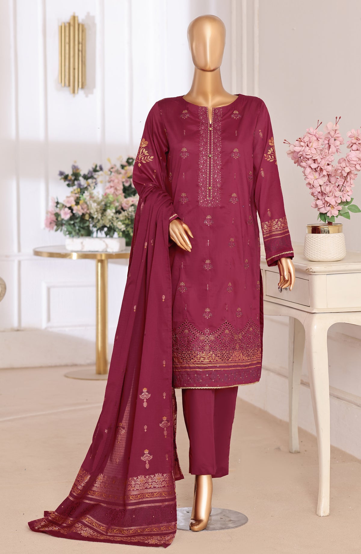 HZ Textile Embroidered Lawn Unstitched 3 Piece Suit - D-01 - HZ26XVS - Maroon - Summer Collection