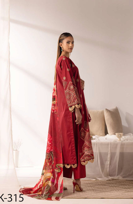 Ibtida by Al Karim Embroidered Lawn Unstitched 3 Piece Suit - IK-315 - AK26TDA - Red - Summer Collection