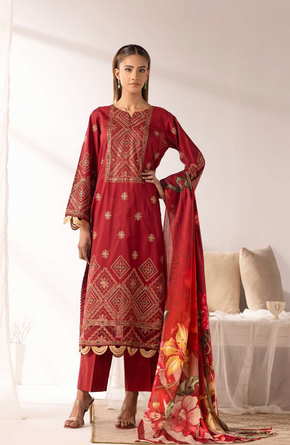 Ibtida by Al Karim Embroidered Lawn Unstitched 3 Piece Suit - IK-315 - AK26TDA - Red - Summer Collection