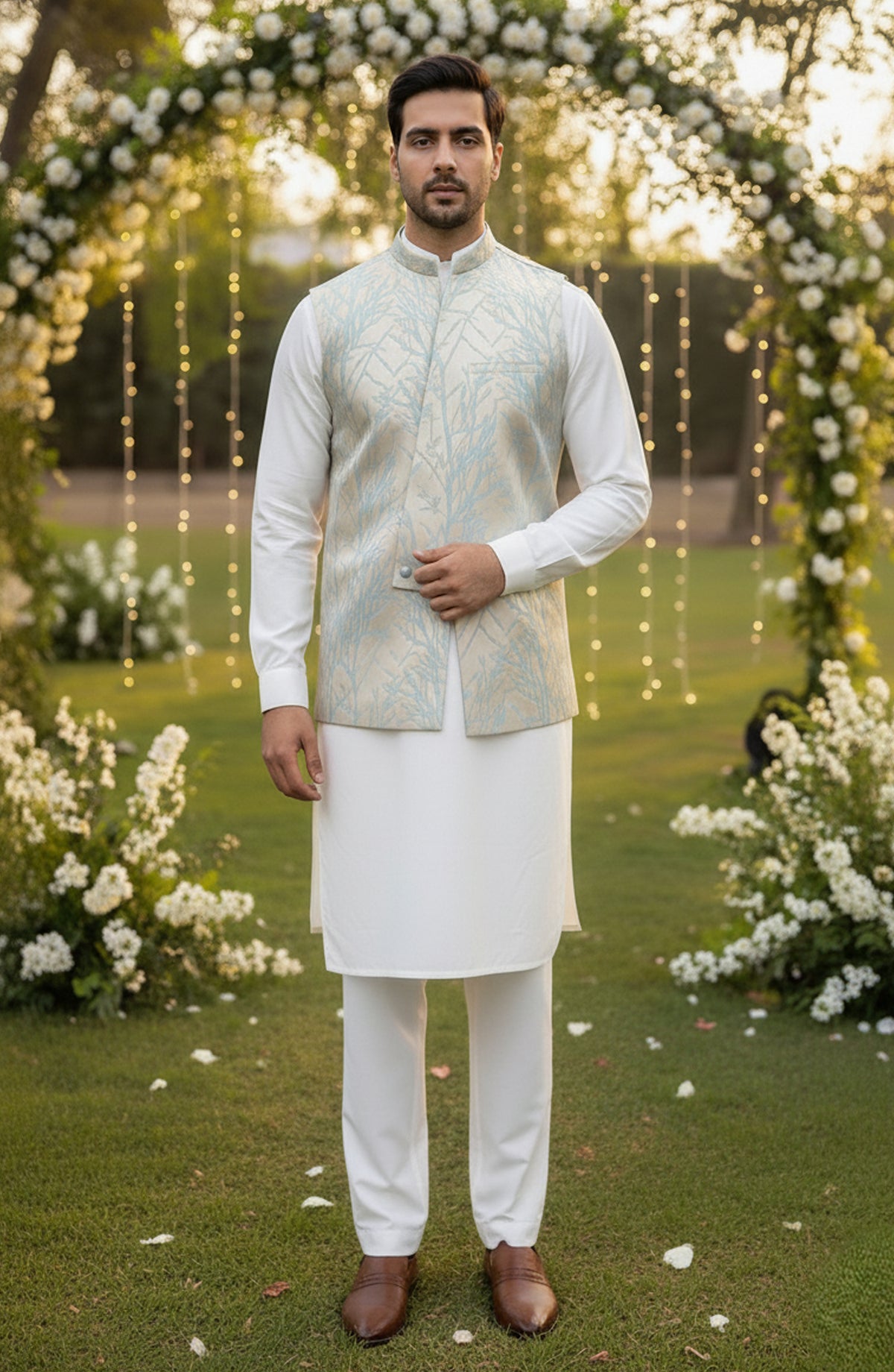 TGM The Royal Edit Suiting Stitched Three Piece with matching Suit - Icy Bloom (3pc) - TGM26ROY - Off White - Men Festive Collection