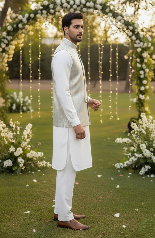 TGM The Royal Edit Suiting Stitched Three Piece with matching Suit - Icy Bloom (3pc) - TGM26ROY - Off White - Men Festive Collection