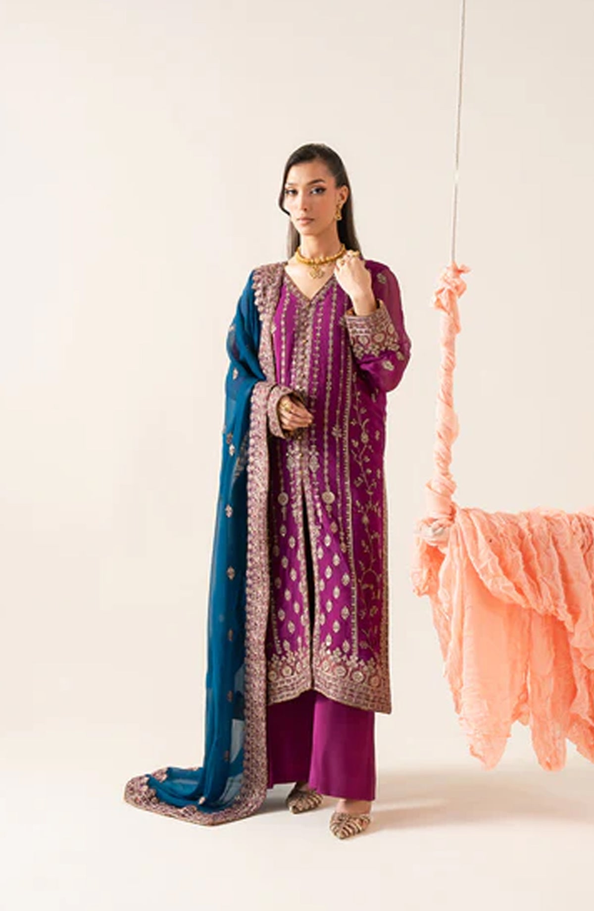 Imane by Freesia Luxury Festive Embroidered Chiffon Unstitched 3 Piece Suit - FSU5606 - FS25IMN - Purple - Formal Collection