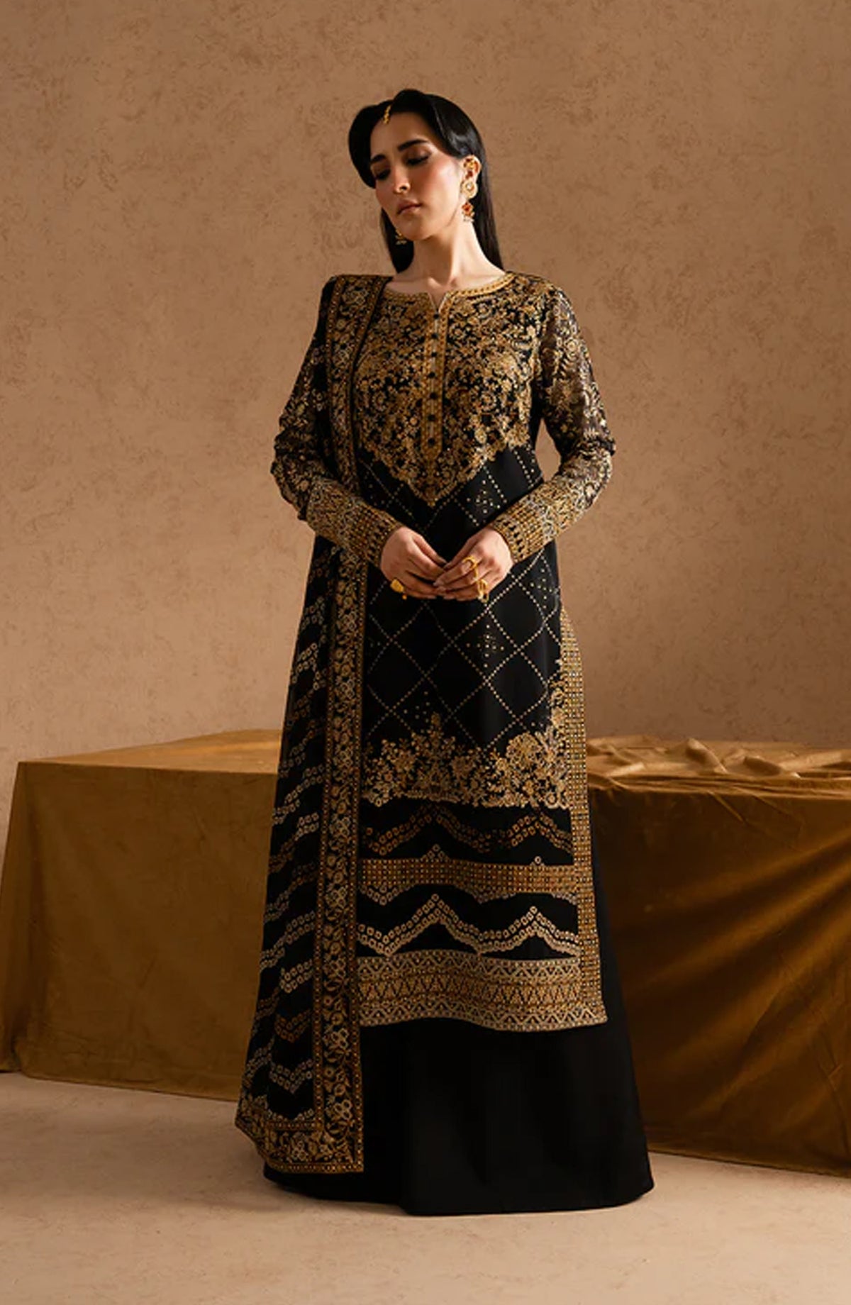 Imane by Freesia Luxury Festive Embroidered Chiffon Unstitched 3 Piece Suit - FSU5605 - FS25IMN - Black - Formal Collection