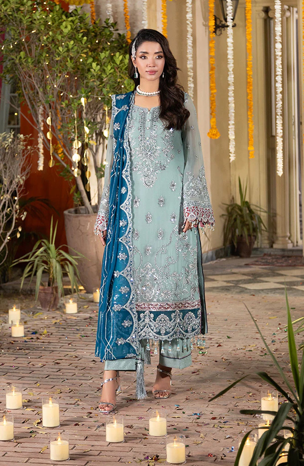 Imrozia Shagun Luxury Embroidered Chiffon Unstitched 3 Piece Suit - M-105 Izza - IMP25SHG - Ferozi - Festive Collection