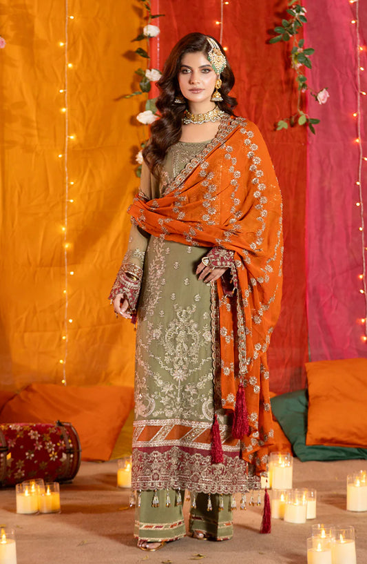 Imrozia Shagun Luxury Embroidered Chiffon Unstitched 3 Piece Suit - M-104 Noura - IMP25SHG - Mehndi - Festive Collection