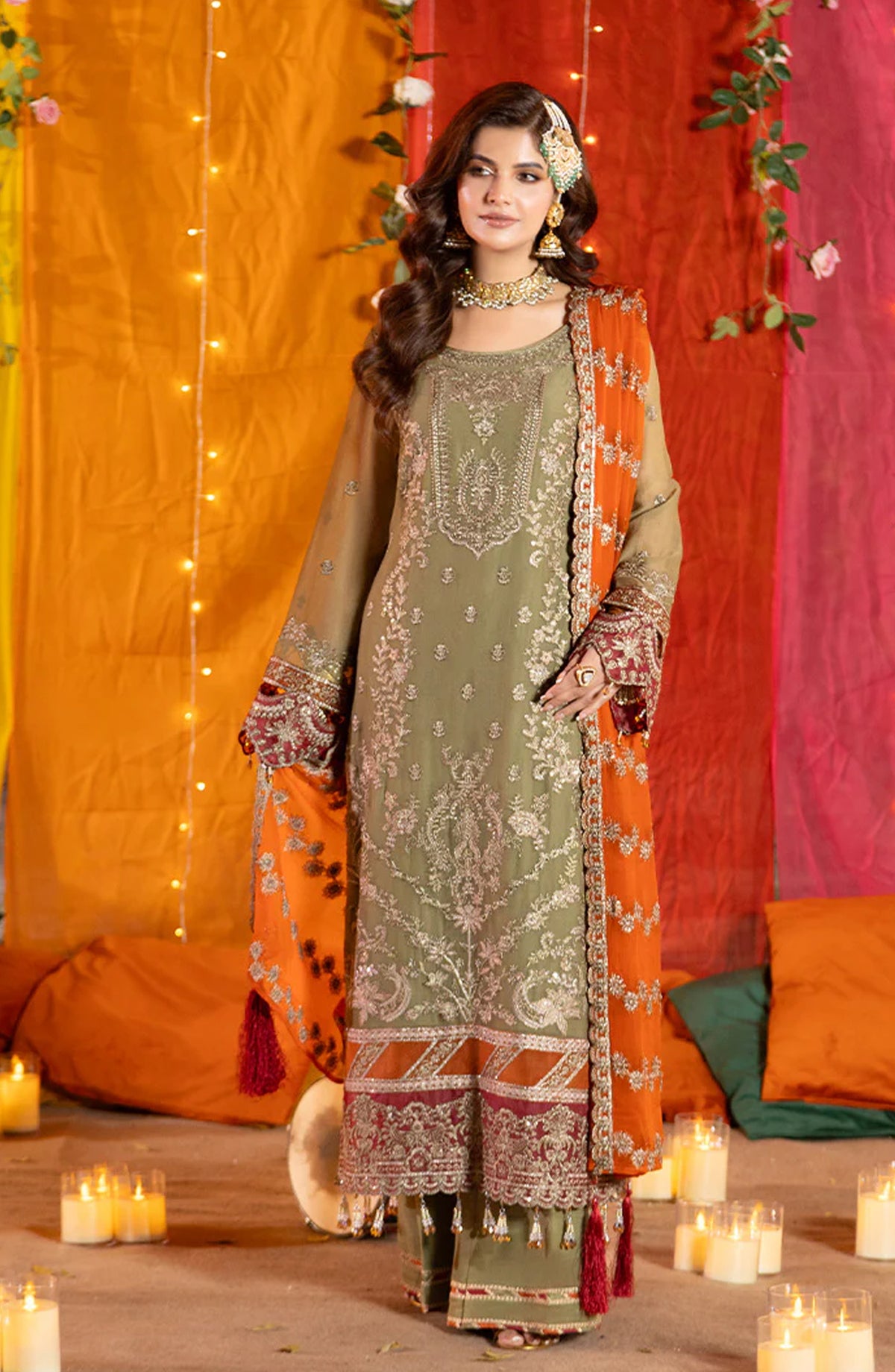 Imrozia Shagun Luxury Embroidered Chiffon Unstitched 3 Piece Suit - M-104 Noura - IMP25SHG - Mehndi - Festive Collection