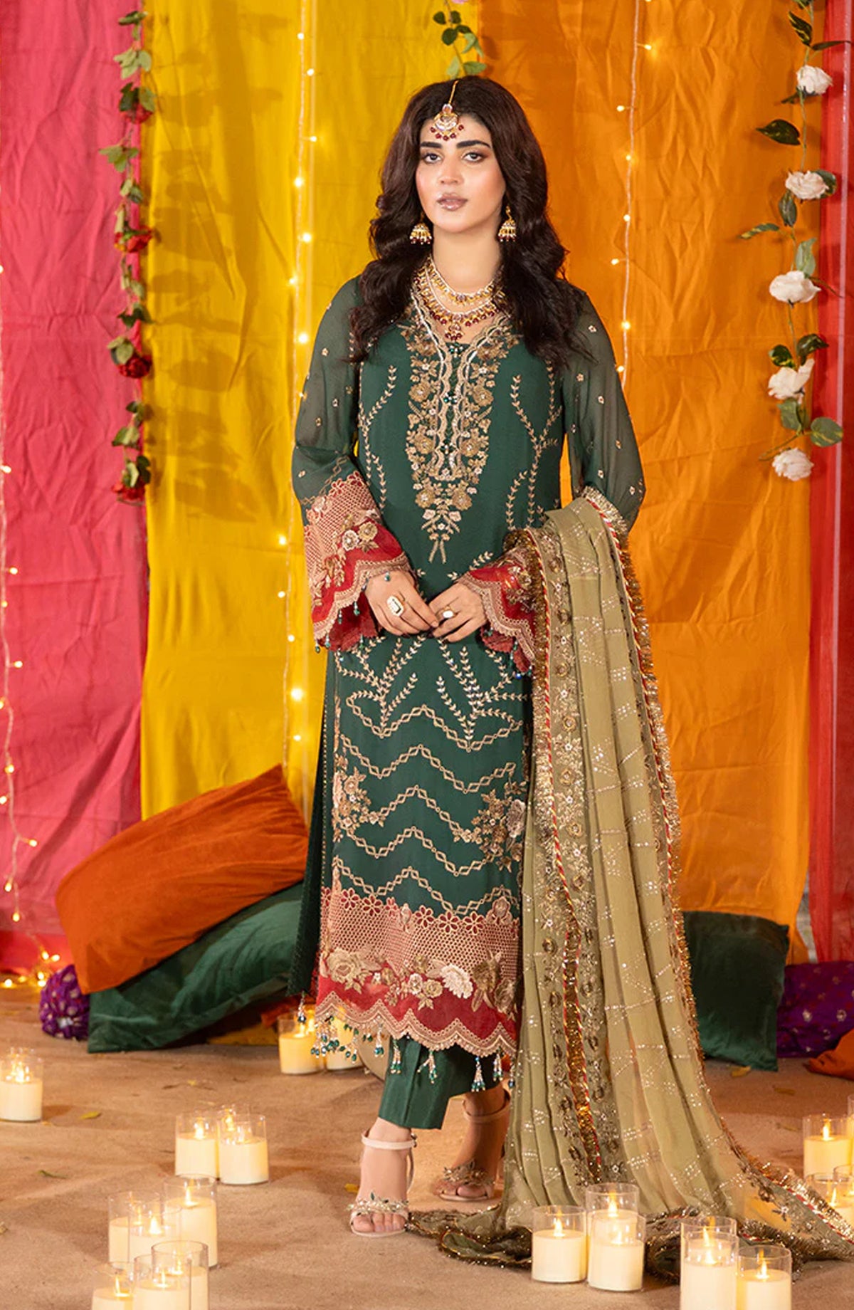 Imrozia Shagun Luxury Embroidered Chiffon Unstitched 3 Piece Suit - M-102 Zarva - IMP25SHG - Green - Festive Collection