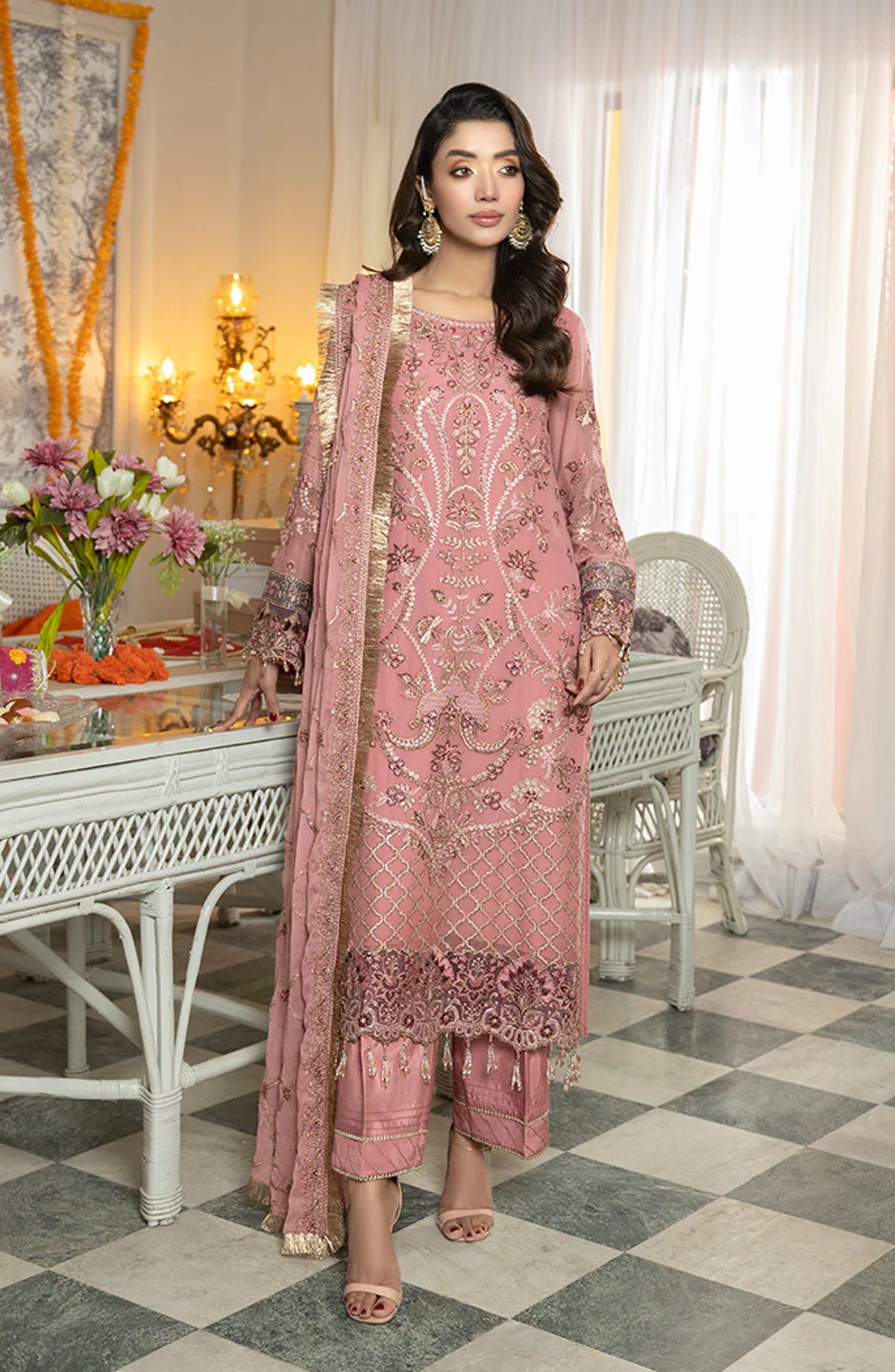 Imrozia Shagun Luxury Embroidered Chiffon Unstitched 3 Piece Suit - M-101 Mehr - IMP25SHG - Tea Pink - Festive Collection