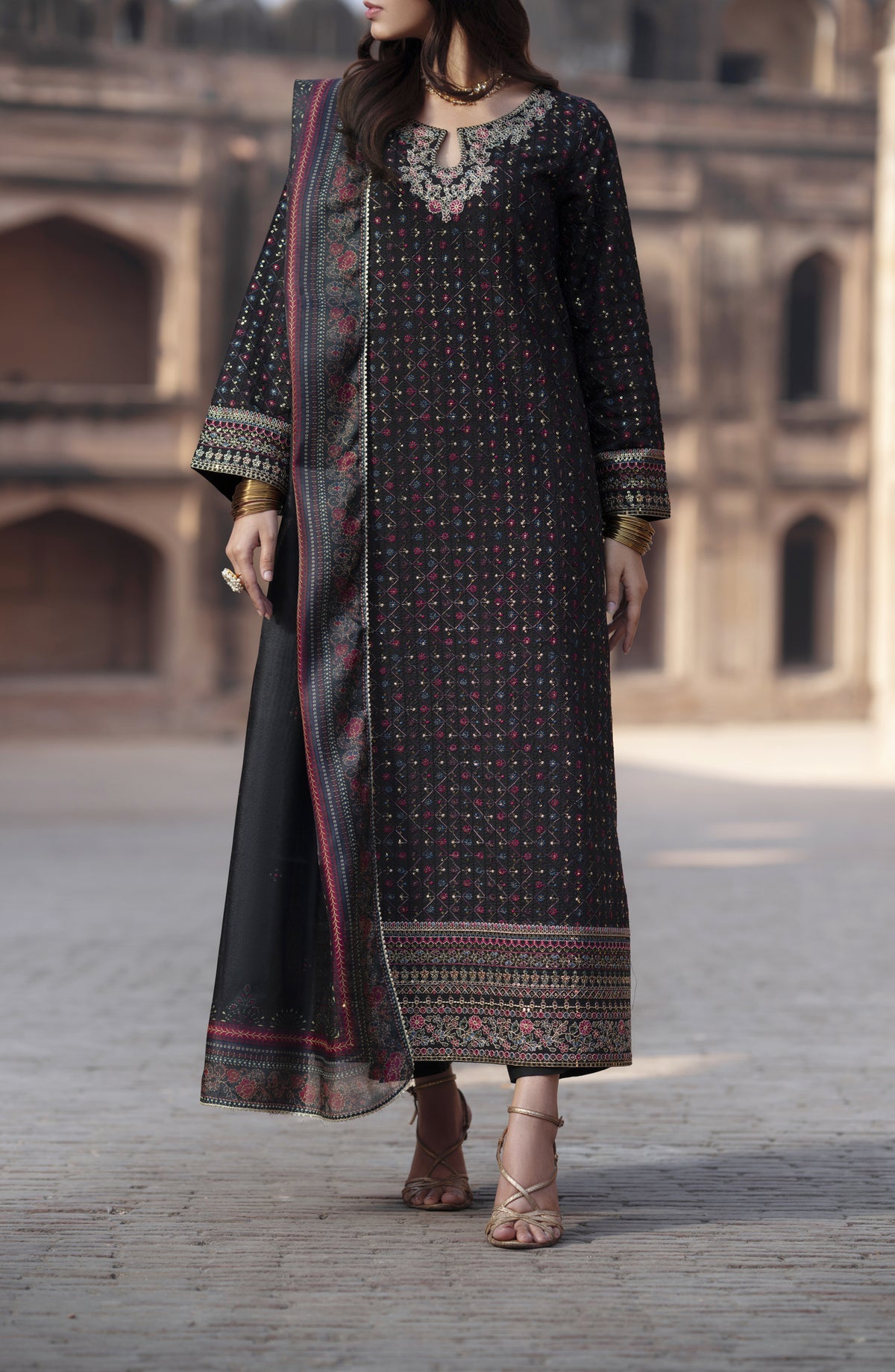 Ishqia by Casual Lite Premium Embroidered Silk Viscose Stitched 3 Piece Suit - Design-01 - CL25ISHQ - Black - Festive Collection