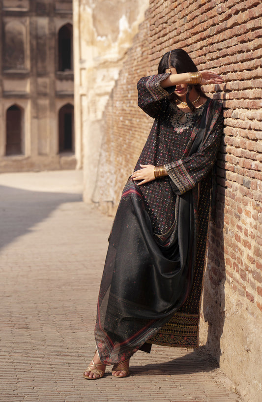 Ishqia by Casual Lite Premium Embroidered Silk Viscose Stitched 3 Piece Suit - Design-01 - CL25ISHQ - Black - Festive Collection