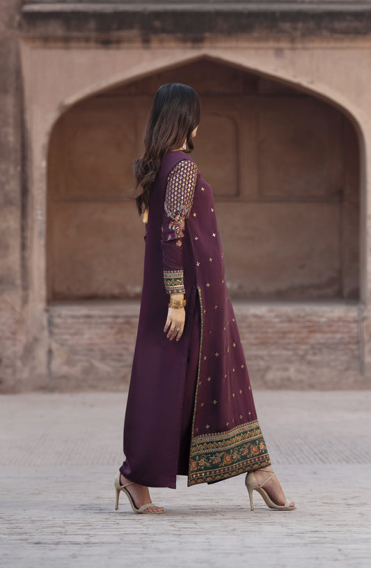 Ishqia by Casual Lite Premium Embroidered Silk Viscose Stitched 3 Piece Suit - Design-02 - CL25ISHQ - Purple - Festive Collection
