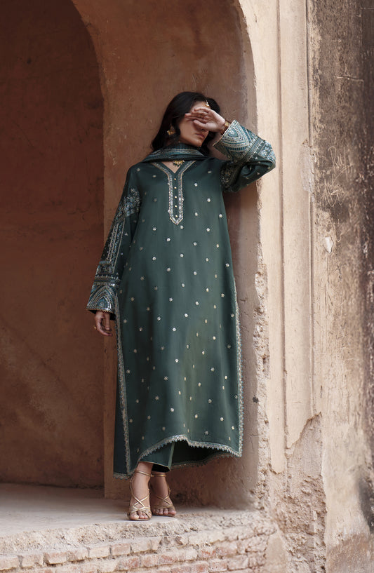 Ishqia by Casual Lite Premium Embroidered Silk Viscose Stitched 3 Piece Suit - Design-03 - CL25ISHQ - Green - Festive Collection