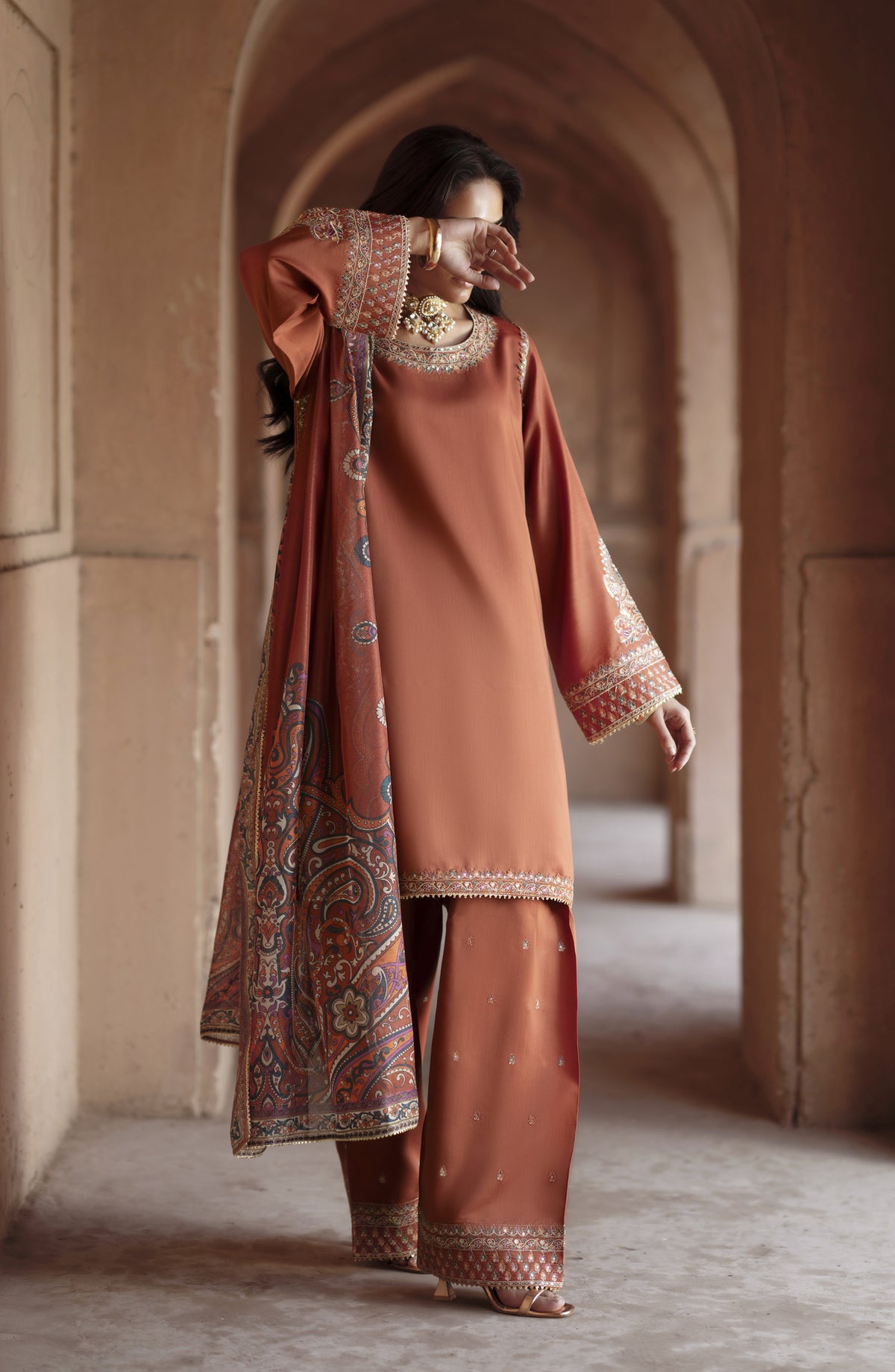 Ishqia by Casual Lite Premium Embroidered Silk Viscose Stitched 3 Piece Suit - Design-05 - CL25ISHQ - Rust - Festive Collection