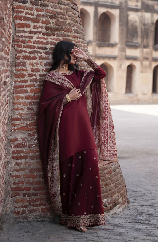 Ishqia by Casual Lite Premium Embroidered Silk Viscose Stitched 3 Piece Suit - Design-07 - CL25ISHQ - Maroon - Festive Collection