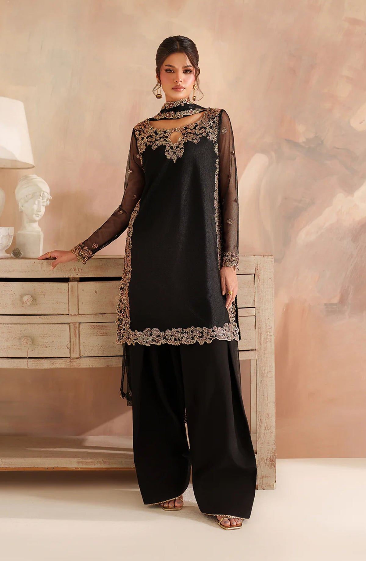 Iznik Chinon Chiffon Embroidered Net Unstitched 3 Piece Suit - CC-77 - IZN25CHN - Black - Formals Collection