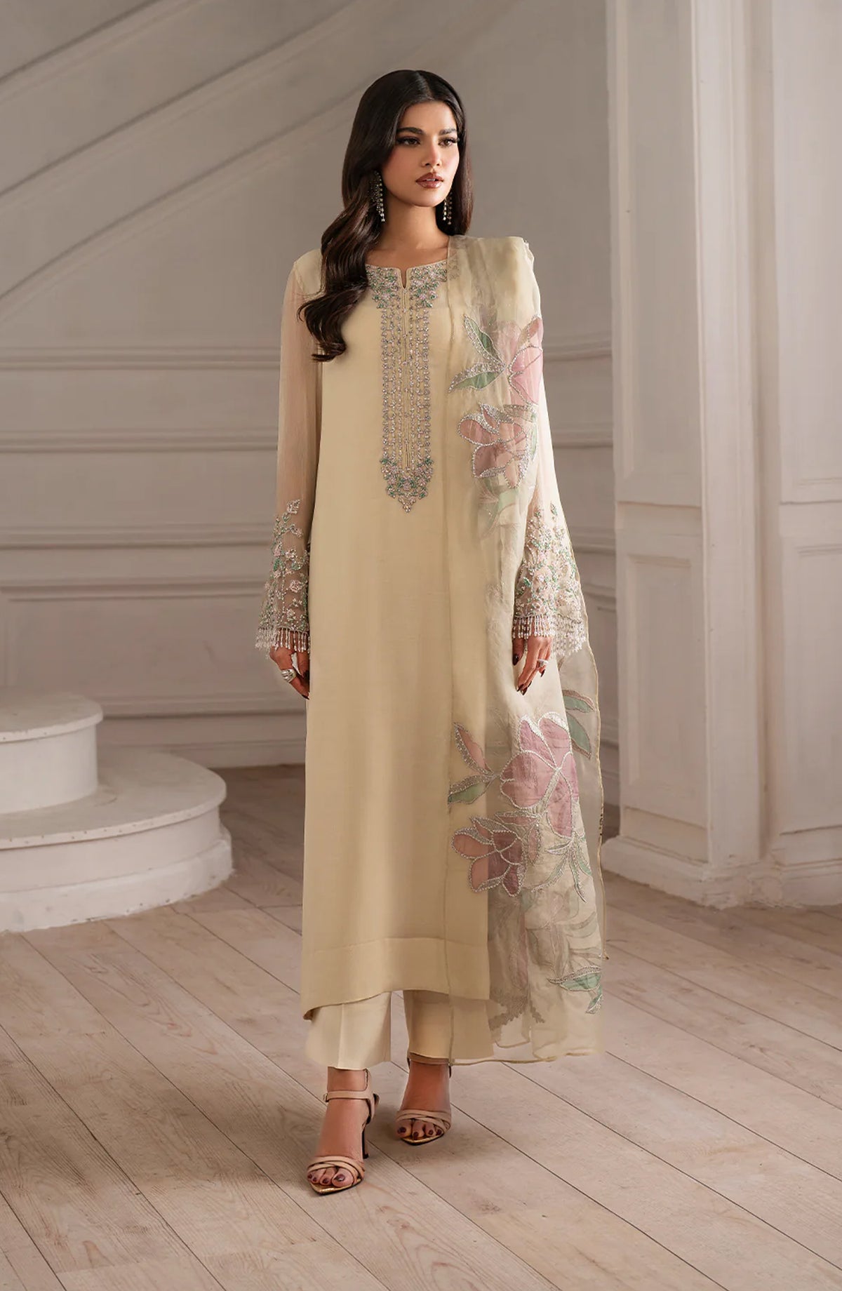 Iznik Exclusive Formals Embroidered Chiffon Unstitched 3 Piece Suit - UE-413 - IZN25ECF - Fawn - Festive Collection