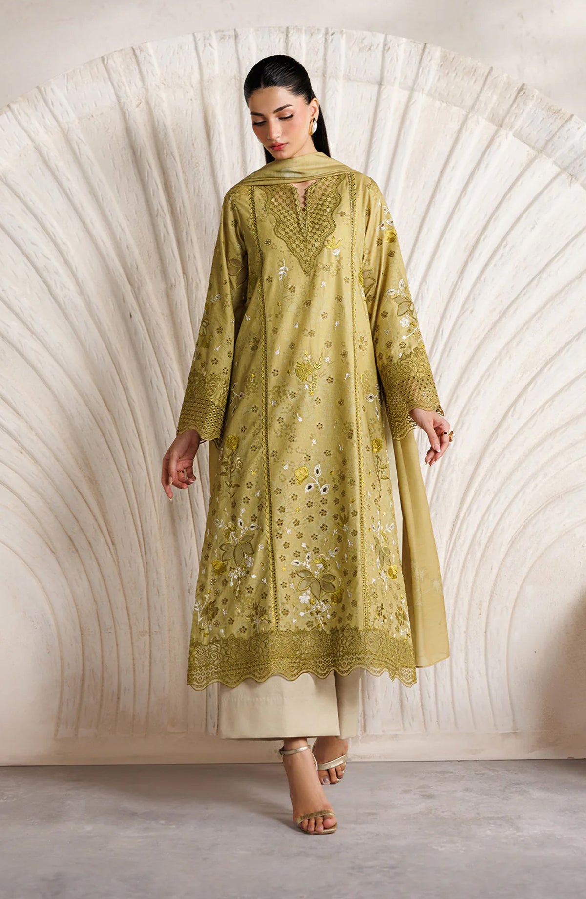 Iznik Festive Embroidered Lawn Unstitched 3 Piece Suit - IBE-09 - IZN26FSL - Mustard - Summer Collection