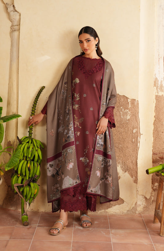 Iznik Pre Fall Embroidered Linen Unstitched 3 Piece Suit - IPF-03 - IZN25PFL - Maroon - Winter Collection