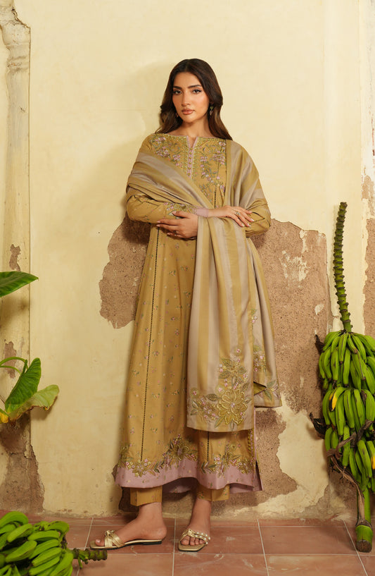 Iznik Pre Fall Embroidered Linen Unstitched 3 Piece Suit - IPF-04 - IZN25PFL - Mustard - Winter Collection