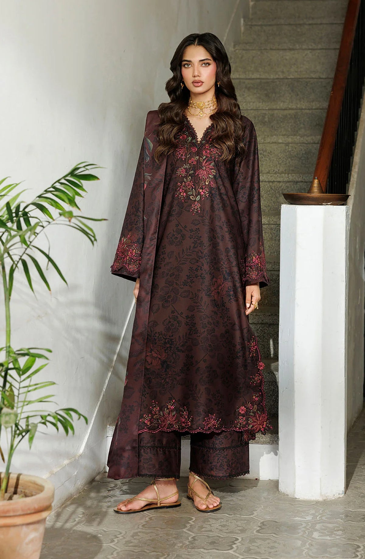 Iznik Pre Fall Embroidered Viscose Linen Unstitched 3 Piece Suit - IPF-29 - IZN26PF - Burgundy - Winter Collection