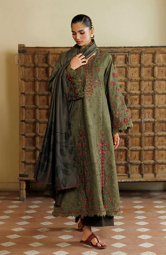 Iznik Pre Fall Embroidered Viscose Linen Unstitched 3 Piece Suit - IPF-27 - IZN26PF - Olive Green - Winter Collection