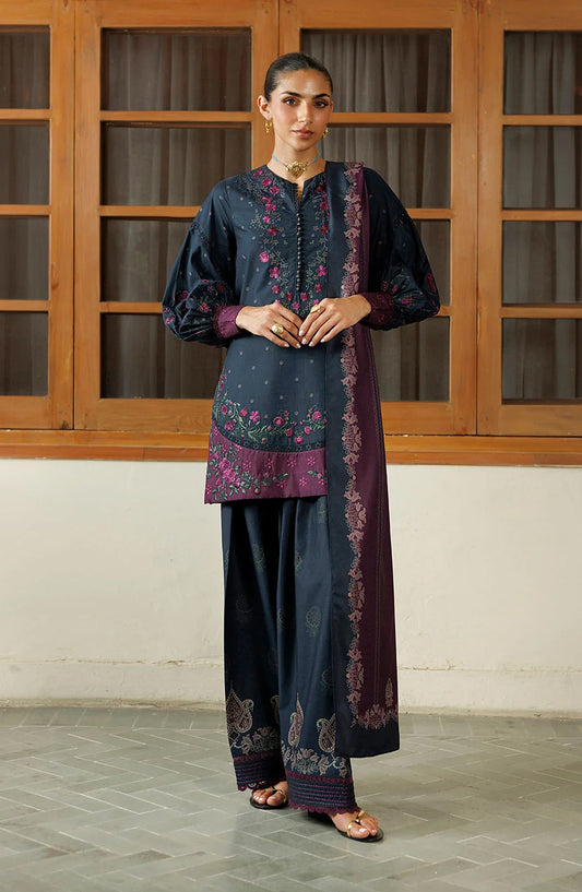 Iznik Pre Fall Embroidered Viscose Linen Unstitched 3 Piece Suit - IPF-26 - IZN26PF - Navy Blue - Winter Collection