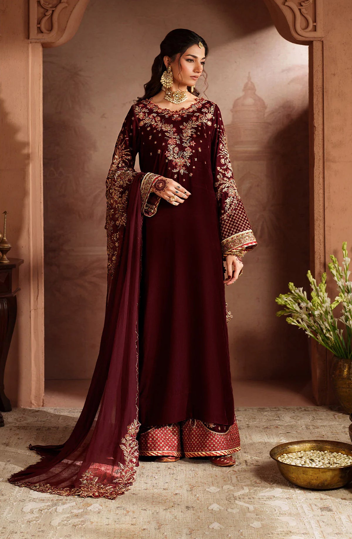 Iznik Raagni Formals Embroidered Velvet Unstitched 3 Piece Suit - IV-55 - IZN25RGN - Maroon - Winter Collection