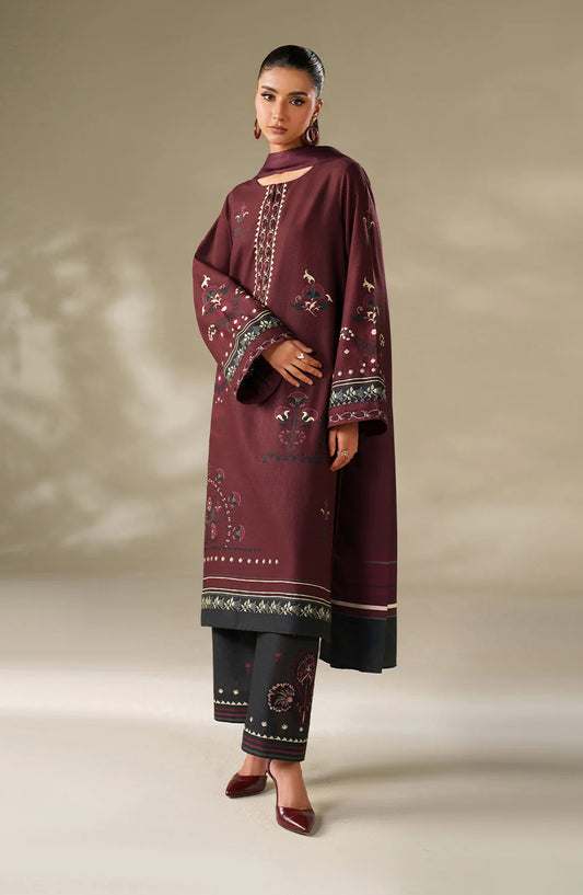 Iznik Embroidered Khaddar Unstitched 3 Piece Suit - UE-570 - IZN25KHD - Burgundy - Winter Collection