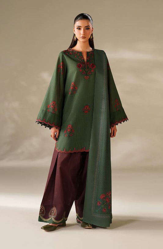 Iznik Embroidered Khaddar Unstitched 3 Piece Suit - UE-561 - IZN25KHD - Moss Green Dark - Winter Collection