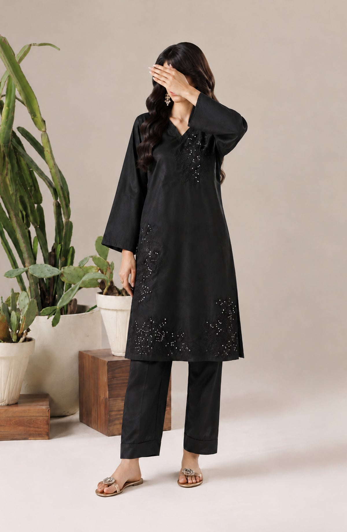 Jannah Noe by Amna Khadija Embroidered Silk Stitched 2 Piece Co-ord Set - JNLS-12 - AM26HON - Black - Summer Collection