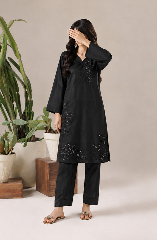 Jannah Noe by Amna Khadija Embroidered Silk Stitched 2 Piece Co-ord Set - JNLS-12 - AM26HON - Black - Summer Collection