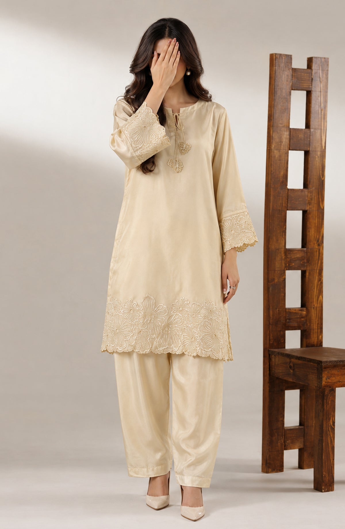 Jannah Noe by Amna Khadija Embroidered Silk Stitched 2 Piece Co-ord Set - JNLS-19 - AM26HON - Fawn - Summer Collection