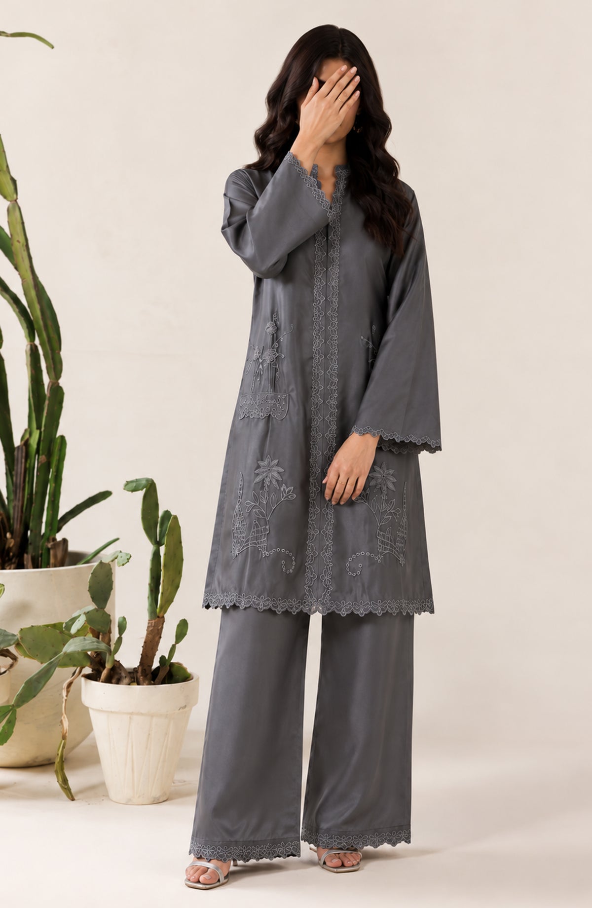 Jannah Noe by Amna Khadija Embroidered Silk Stitched 2 Piece Co-ord Set - JNLS-22 - AM26HON - Grey - Summer Collection