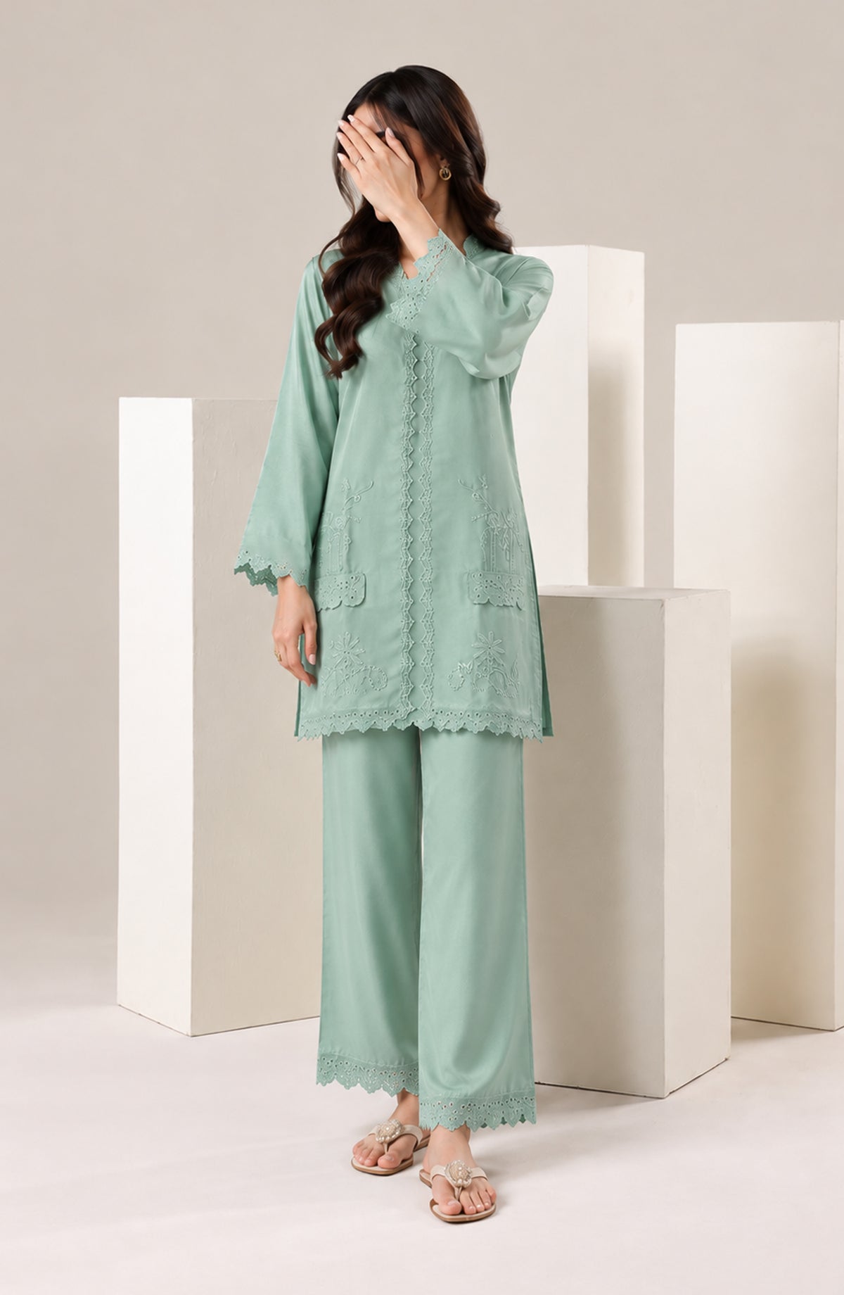 Jannah Noe by Amna Khadija Embroidered Silk Stitched 2 Piece Co-ord Set - JNLS-23 - AM26HON - Green - Summer Collection