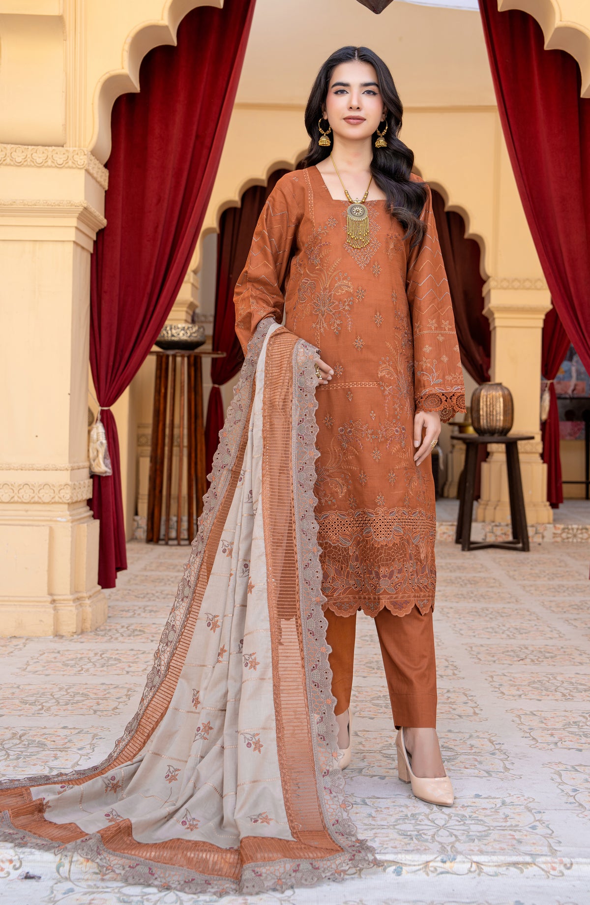 Jahan by Riaz Arts Embroidered Lawn Unstitched 3 Piece Suit - D-03 - RA26JHN - Rust - Summer Collection