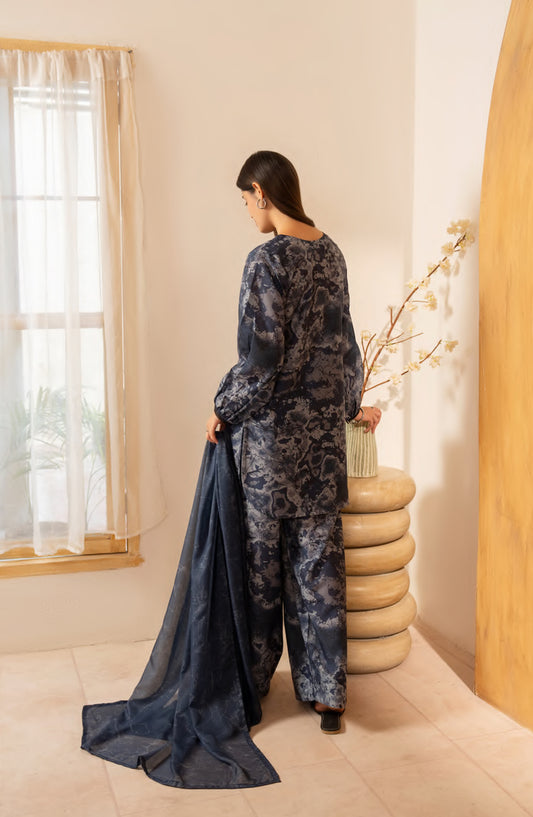 Janaan by Casual Lite Premium Printed Silk Viscose Stitched 3 Piece Suit - Midnight Marble - CL25JNN - Blue - Casual Collection