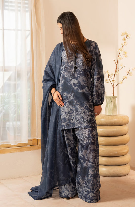 Janaan by Casual Lite Premium Printed Silk Viscose Stitched 3 Piece Suit - Midnight Marble - CL25JNN - Blue - Casual Collection