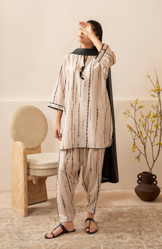 Janaan by Casual Lite Premium Printed Silk Viscose Stitched 3 Piece Suit - Noir Lines - CL25JNN - Off White - Casual Collection