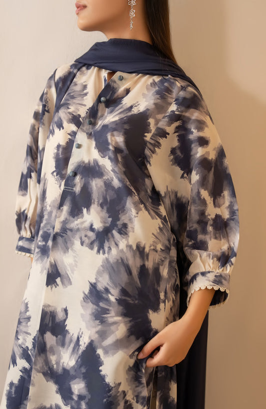 Janaan by Casual Lite Premium Printed Silk Viscose Stitched 3 Piece Suit - Indigo Mirage - CL25JNN - Blue - Casual Collection