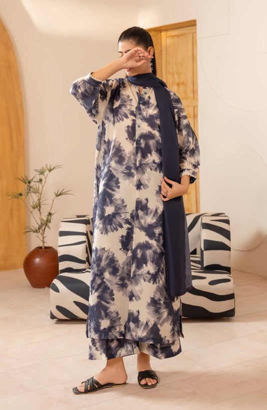 Janaan by Casual Lite Premium Printed Silk Viscose Stitched 3 Piece Suit - Indigo Mirage - CL25JNN - Blue - Casual Collection