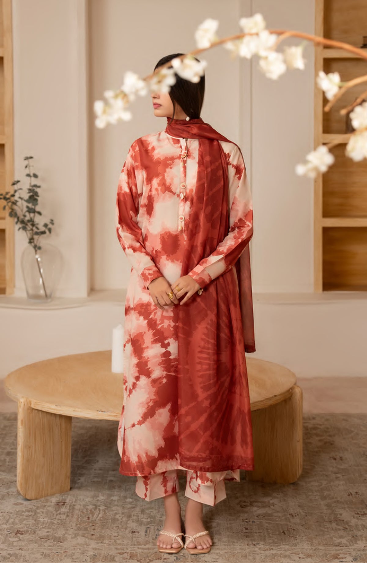 Janaan by Casual Lite Premium Printed Silk Viscose Stitched 3 Piece Suit - Terracotta Bloom - CL25JNN - Red - Casual Collection