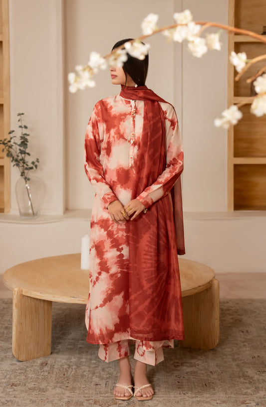 Janaan by Casual Lite Premium Printed Silk Viscose Stitched 3 Piece Suit - Terracotta Bloom - CL25JNN - Red - Casual Collection