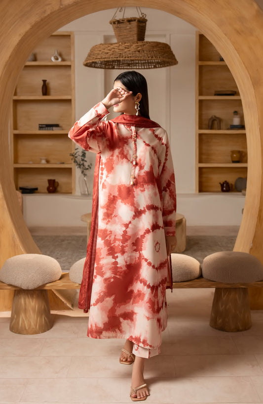 Janaan by Casual Lite Premium Printed Silk Viscose Stitched 3 Piece Suit - Terracotta Bloom - CL25JNN - Red - Casual Collection