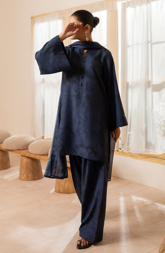 Janaan by Casual Lite Premium Printed Silk Viscose Stitched 3 Piece Suit - Midnight Bloom - CL25JNN - Blue - Casual Collection